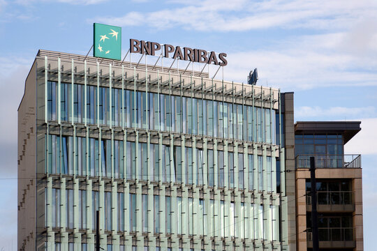 French multinational banking and financial services group BNP Paribas logo displayed on the rooftop of its headquarters building on July 20, 2026 in Poznan, Poland