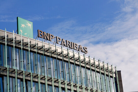 French multinational banking and financial services group BNP Paribas logo displayed on the rooftop of its headquarters building on July 20, 2026 in Poznan, Poland