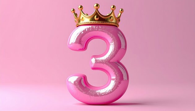 Pink number three topped with golden crown, playful decorative numeral