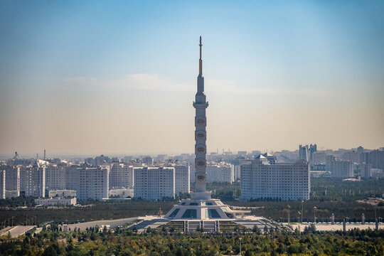 Overhead view of the Monument to the Constitution, from inside the Alem Center "Wheel of Enlightenment" indoor ferris wheel, in Ashgabat, Turkmenistan
