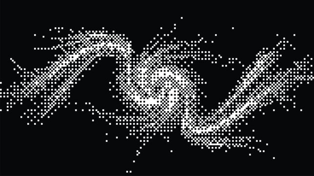 Dithered black and white with a swirling, wave-like pattern composed of small square pixels and scattered dot clusters