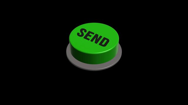 3D green send button sliding and pressing animation on black background.