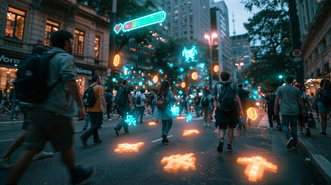 Crowd Walking on Urban Street with Augmented Reality Gamification
