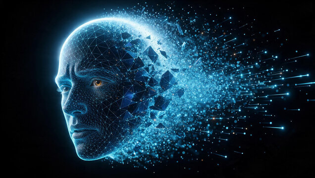 Artificial Intelligence Digital Human Head Dissolving into Data Particles