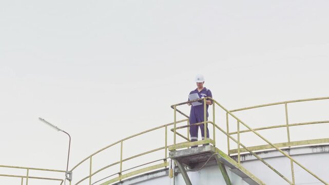 Engineers petrochemical checking report for technical inspections in oil refinery. Technicians working on checklist in the oil storage tank area. Factory and industry manufacturing. Crude Oil tank