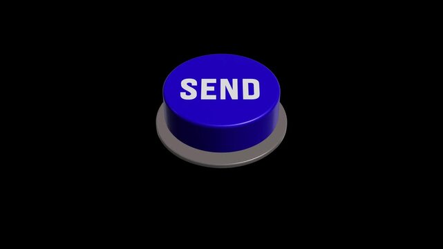 3D blue send button sliding and pressing animation on black background.