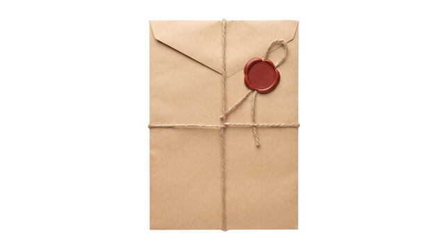 Vertical kraft paper envelope with red wax seal, vintage brown package tied with jute twine, blank wax seal and rustic string, sealed mail letter, on transparent background png photo
