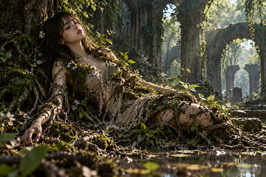 Beautiful fantasy dryad woman covered in vines and moss resting in ancient overgrown ruins.