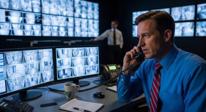 Man on phone monitoring security camera feeds in control room