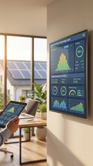 Fototapeta premium Digital tablet displays solar power generation statistics on a table near a window, renewable energy monitoring, smart home, clean technology, energy efficiency.