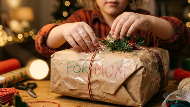 A child wrapping a lopsided present for a parent with too much tape
