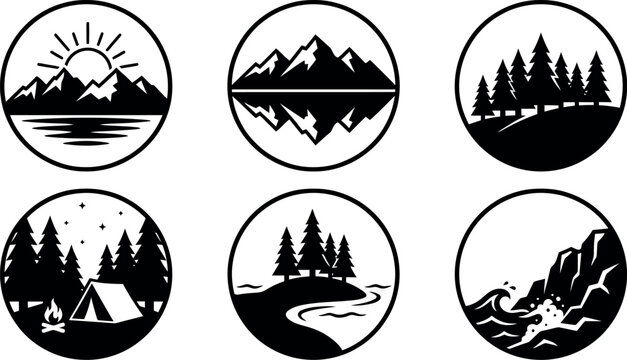 Collection of six circular monochrome nature scenes featuring mountains forests and water