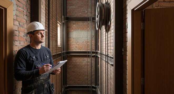Construction worker inspecting an elevator shaft with a clipboard