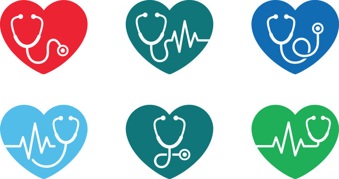 Colorful heart icons with stethoscopes and electrocardiogram lines representing healthcare and cardiology