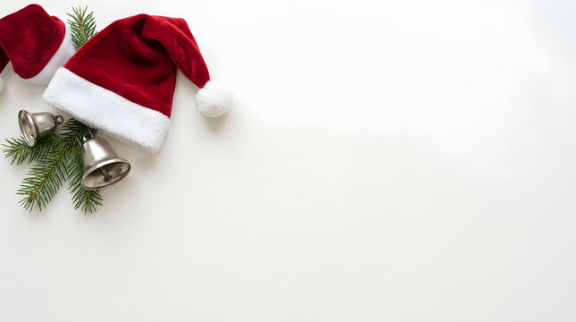 Festive christmas composition with santa hats jingle bells and evergreen branches on white background