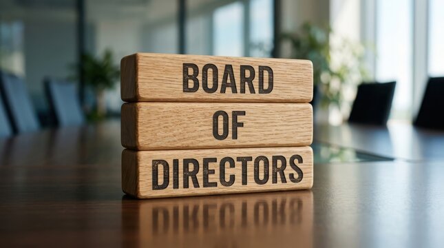 Wooden blocks spelling out board of directors on a reflective surface