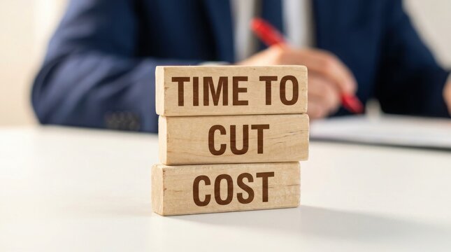 Time to cut cost message on wooden blocks with blurred business background