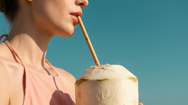 Close up portrait of woman with smooth radiant neck and collarbone under clear blue sky   
