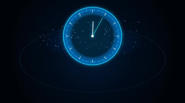 Neon Blue Digital Clock Interface Glowing In Dark Space With Floating Particle Effects Background