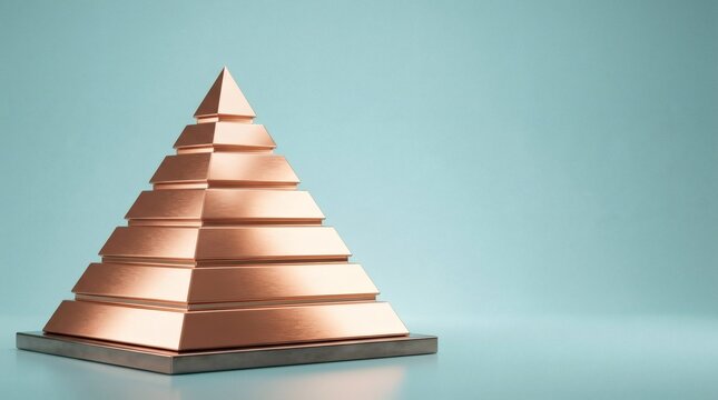 Bronze metallic stepped pyramid structure on square base isolated against pale blue textured background.