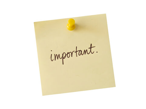Yellow sticky note with the word important isolated on white isolated on transparent background