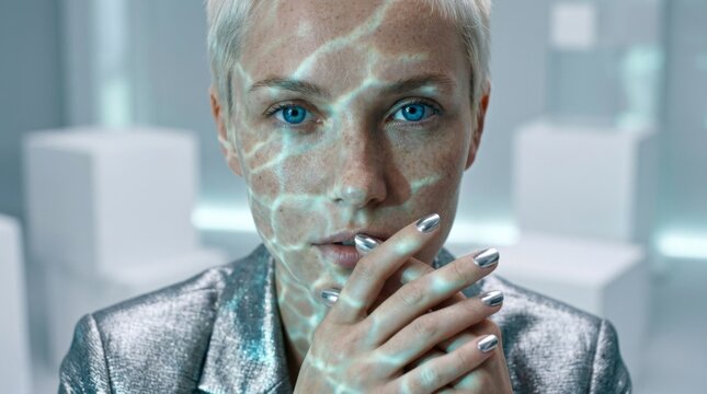 Young woman with short blonde hair and blue eyes looking at camera with water ripple light pattern on her face and silver jacket