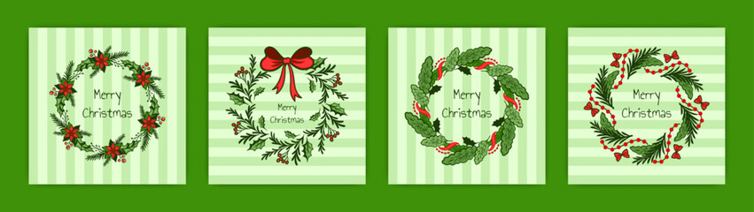 Fototapeta premium Christmas wreath cards set. Hand drawn holiday greeting templates with evergreen branches, berries and bows on striped background, festive decorative frame. Vector cartoon flat illustration