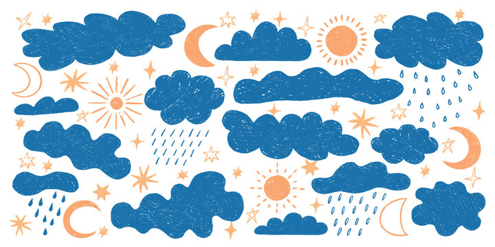 Crayon clouds set. Sun, rain weather and moon, kid hand drawn stars. Cute baby pencil texture, child sketch, atmospheric symbols for forecasts, decorative background vector illustration