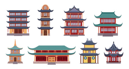 Naklejka premium Chinese temple. China house building, korean or japanese ancient pagoda. Japanese or taiwan city style. Traditional pagoda style facades with curved roof, city landmark. Vector illustration