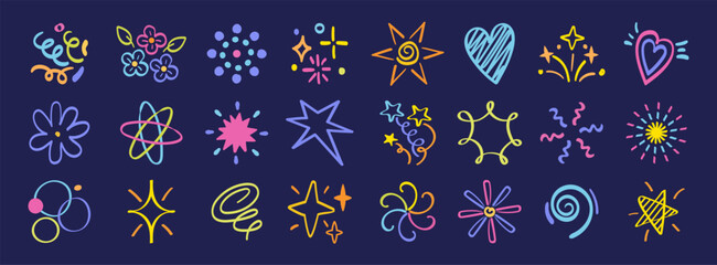 Obraz na płótnie Canvas Crayon background. Kid carnival chalk draw, celebrate brush frame or marker birthday pattern, confetti and sunburst. Playful decorative elements. Creative branding vector isolated icons set