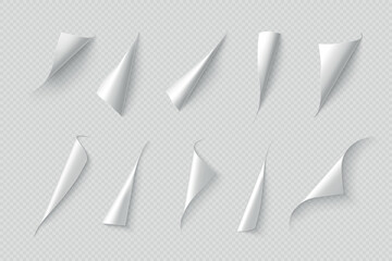 Obraz na płótnie Canvas Paper curl. Fold page effect, turn corner shape with realistic leaflet shadow. Transparent or white book angle, curled and folded edge with shadow effect. Vector template isolated elements