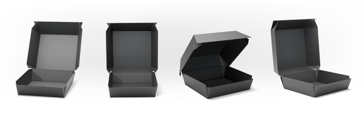 Obraz na płótnie Canvas Burger box set. Open black food package realistic black, takeout food container mockup or takeaway hamburger paper wrapper. Product presentation render case. Vector 3d isolated illustration