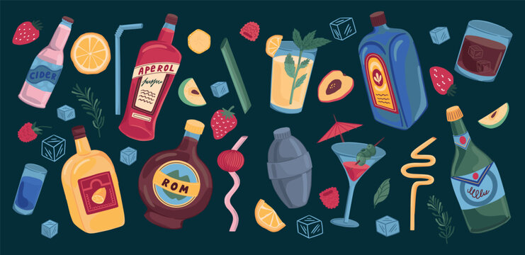 Cocktail drink. Retro summer alcohol party, fruit and liquor in rum shaker or doodle mojito beverage for trendy bar. Ingredients for mixing cold ice soda. Vector cartoon flat isolated set