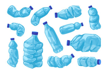 Obraz na płótnie Canvas Plastic bottle set. Empty water crush waste, crumpled garbage recycle or rubbish trash icon different forms. Crashed drink cap. Ecological sustainability. Vector cartoon isolated collection