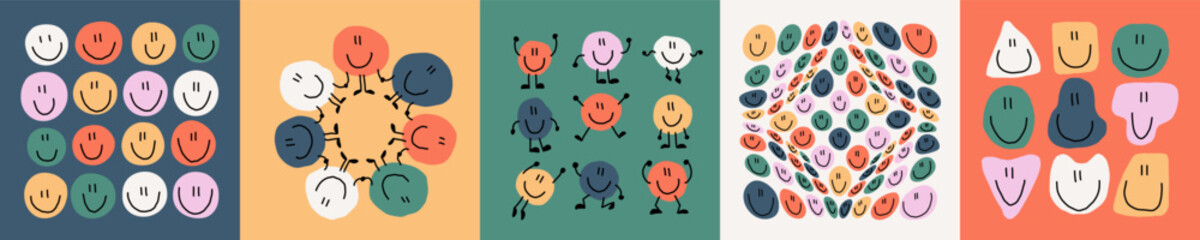 Obraz na płótnie Canvas Smile face. Abstract happy round characters, family doodle people with cute humour emotions. Sad and joy avatar. Square prints. Friendly social communication. Community teamwork vector icons
