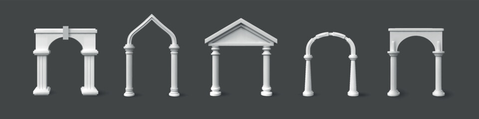Naklejka premium Arch gate. Roman door, 3d pillar, greek royal castle church. White Roman entrance, baroque palace architecture, traditional building facade, interior entrance. Vector isolated realistic set