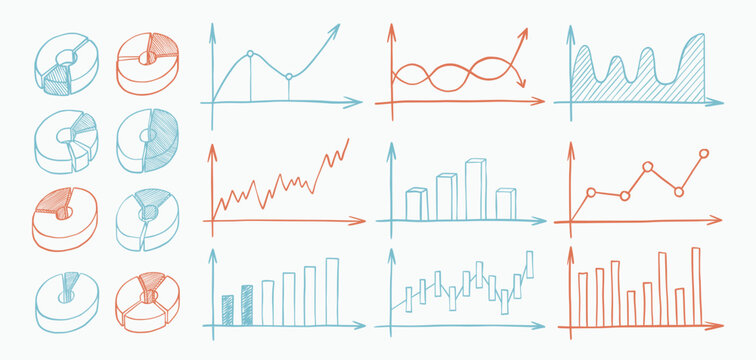 Graph sketch. Hand drawn data chart, doodle infographic pie or computer progress arrow. Finance report. Bar graphs, business analytics, reporting, statistics, performance vector icons set