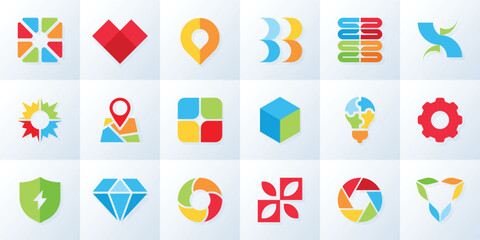 Fototapeta premium Logo elements. Abstract arrow icon, flat chevron design or circle medical logotype. Hexagon geometric star. Branding marks for business identity, app interface, navigation sign. Vector symbol