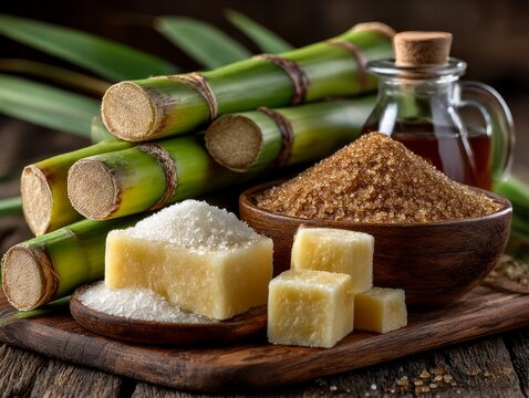 Sugarcane stalks with processed brown and white granulated sugar, raw sugar cubes, and a glass pitcher of dark cane syrup on a wooden board.