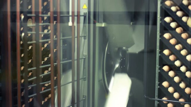 Hatchery eggs stacked trays behind glass. Camera pan poultry incubator racks.