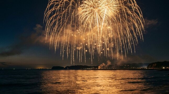 Golden fireworks exploding over a dark coastal horizon at night