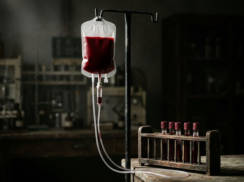 Blood transfusion bag and test tubes in a dark vintage laboratory