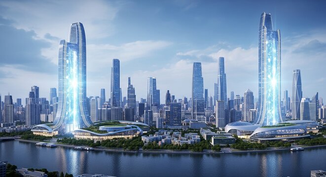 Futuristic city skyline with glowing skyscrapers along a waterfront