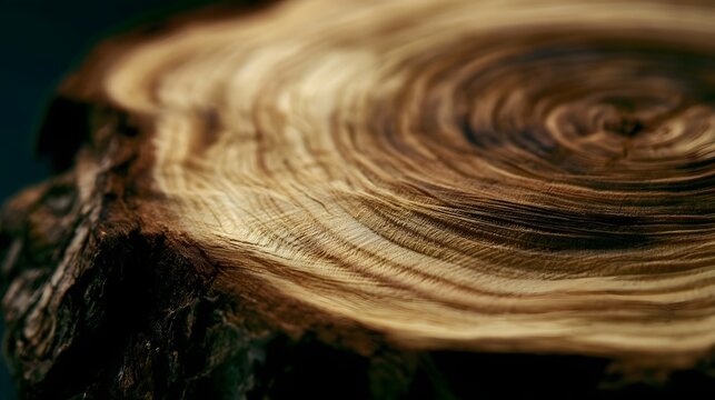Close up of a tree stump s textured surface showing concentric growth rings under warm lighting
