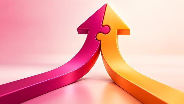 Pink and orange arrows connecting with puzzle piece growing upward, representing corporate business merger, collaborative teamwork synergy and successful joint venture partnership, 3d render.