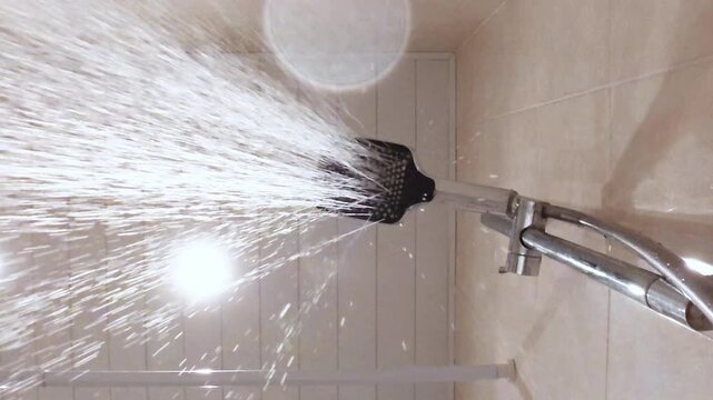 overhead showerhead sprays fresh running water downward inside bright modern tiled bathroom cabin, providing refreshing streams during home hygiene routine and body cleansing session