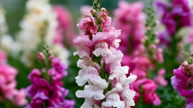 A close up of pink and white snapdragons in bloom  with soft focus on colorful flowers in the background