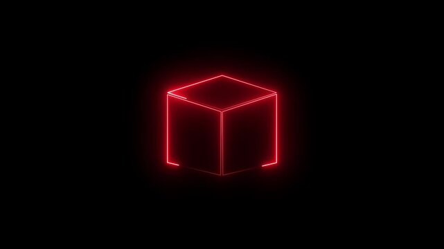 Neon cube frame. square magenta grid with magical glow 3d render in dark space.4k video