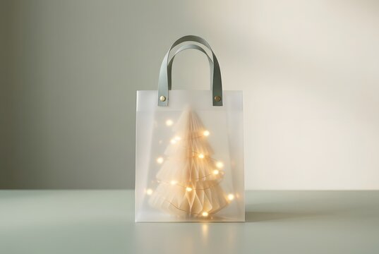 Translucent frosted gift bag with sage green handles holding glowing paper honeycomb Christmas tree wrapped in warm fairy lights on soft green and beige background
