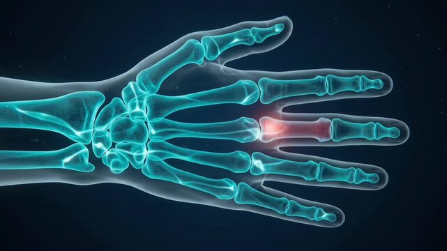 3D medical visualization of a human hand skeleton showing localized pain or injury in a finger bone with a red glow